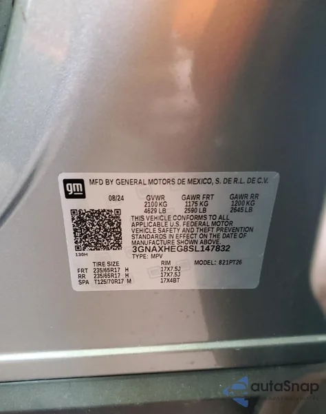 2025 Chevrolet Equinox Lt from USA, damaged, VIN 3GNAXHEG8SL147832